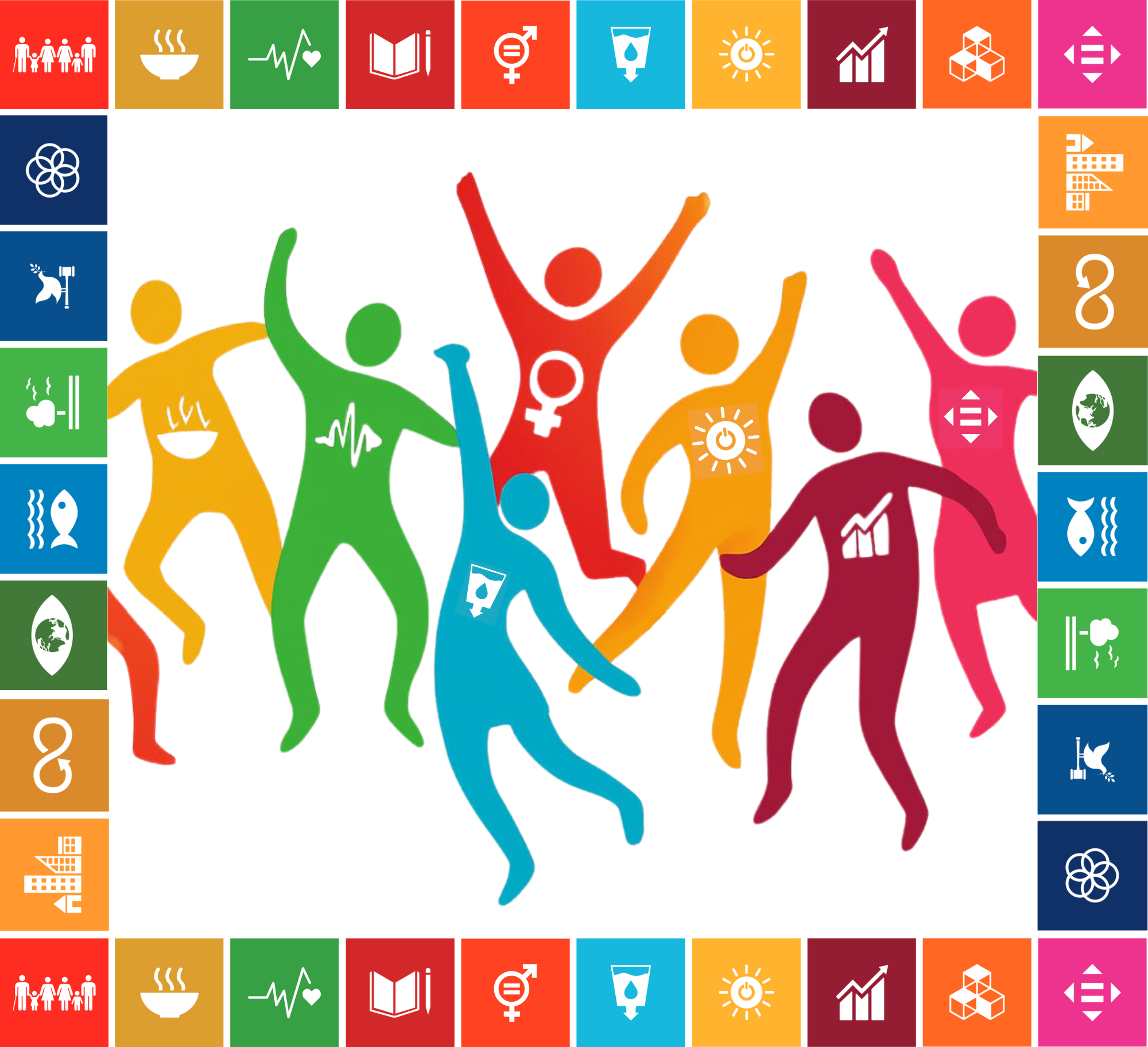 tanzende Menschen mit den SDGs umrahmt