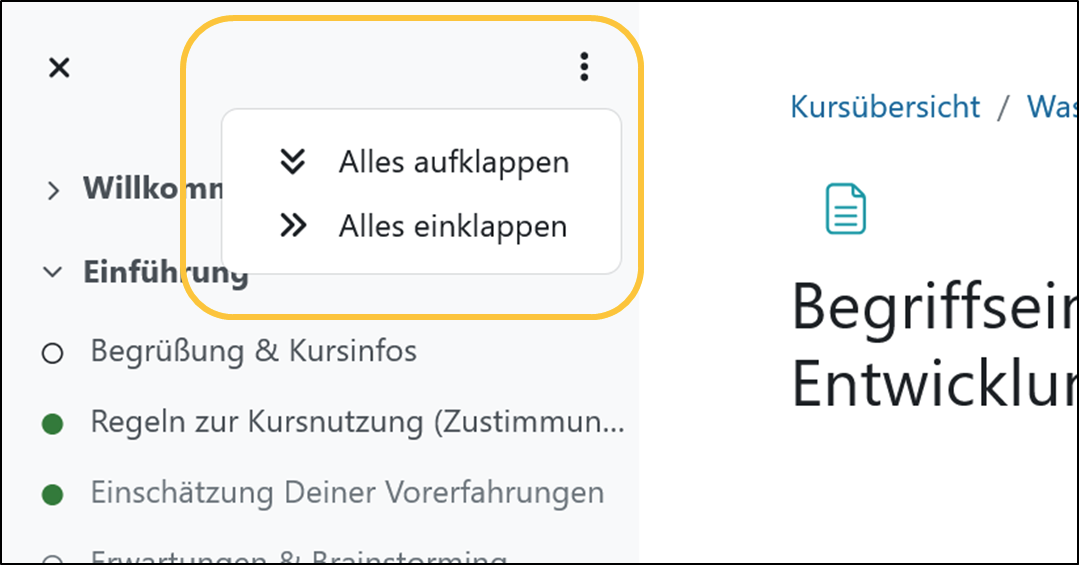 Screenshot zeigt die Option, die Lerneinheiten im Kursindex auf- oder einzuklappen.