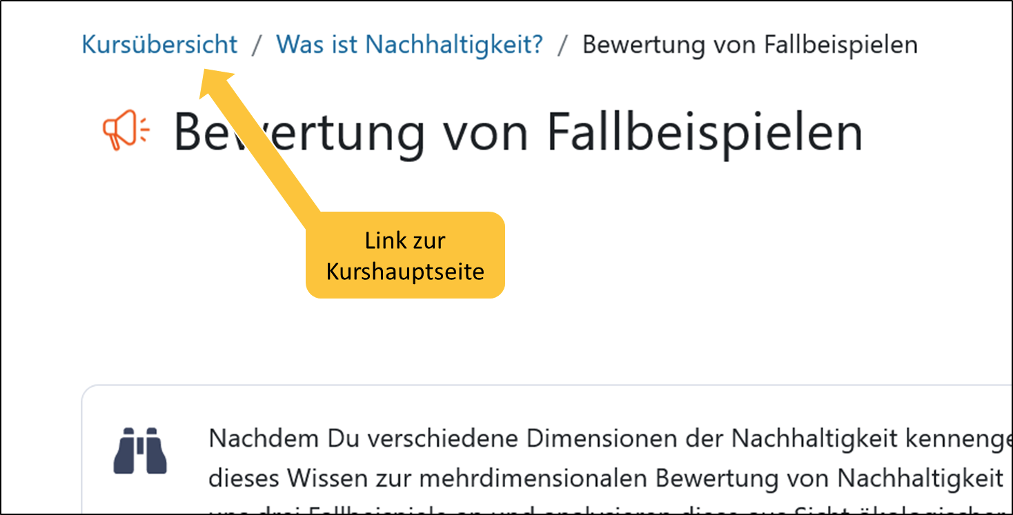 Screenshot der Brotkrumennavigation mit dem Link "Kursübersicht"