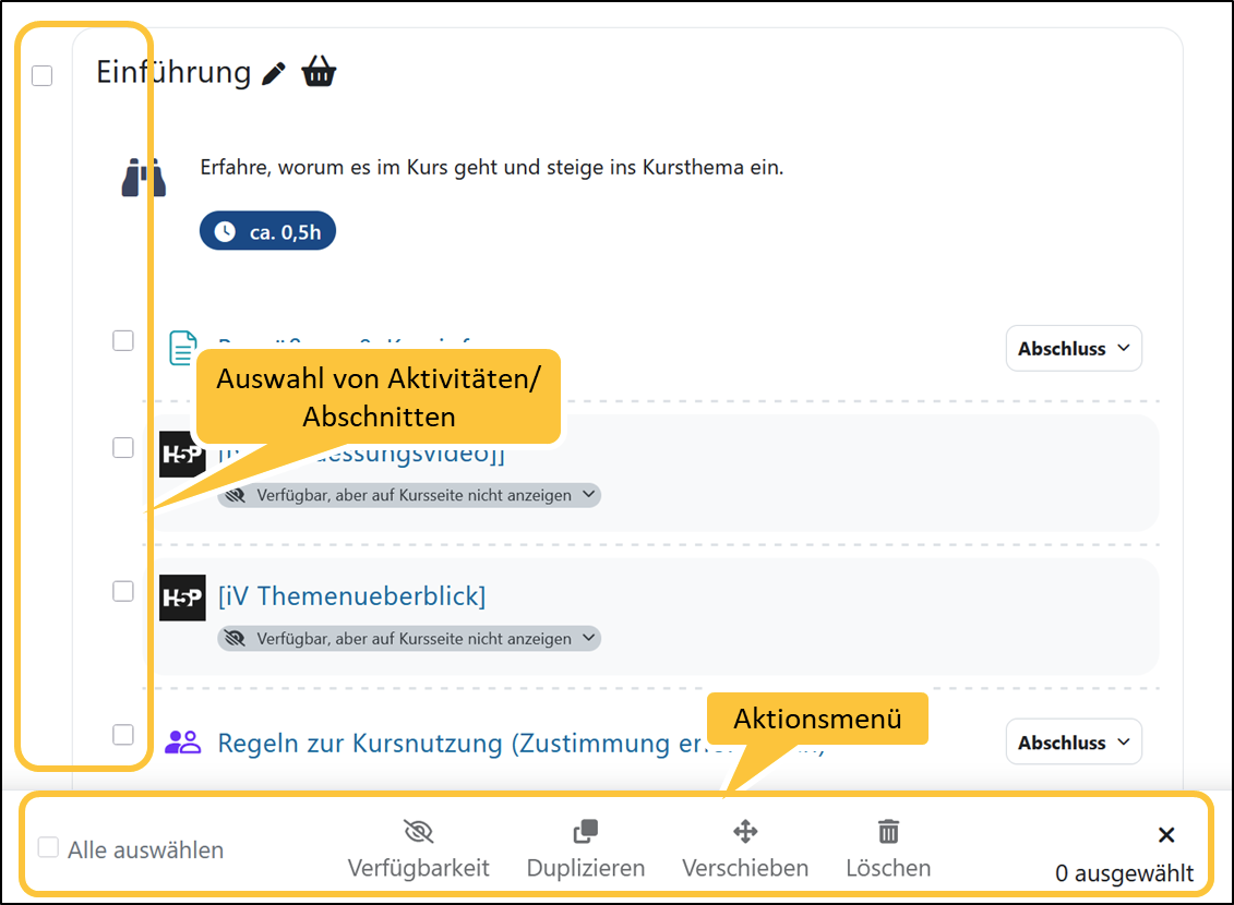 Screenshot der Markierungsoption und der Aktionsauswahl