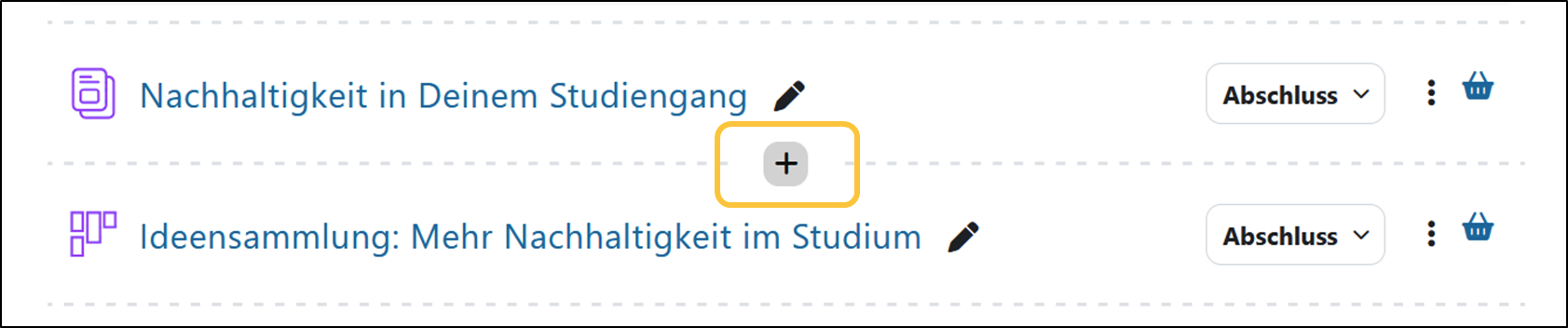 Screenshot des Plus-Icons. um neue Aktivitäten zu erstellen