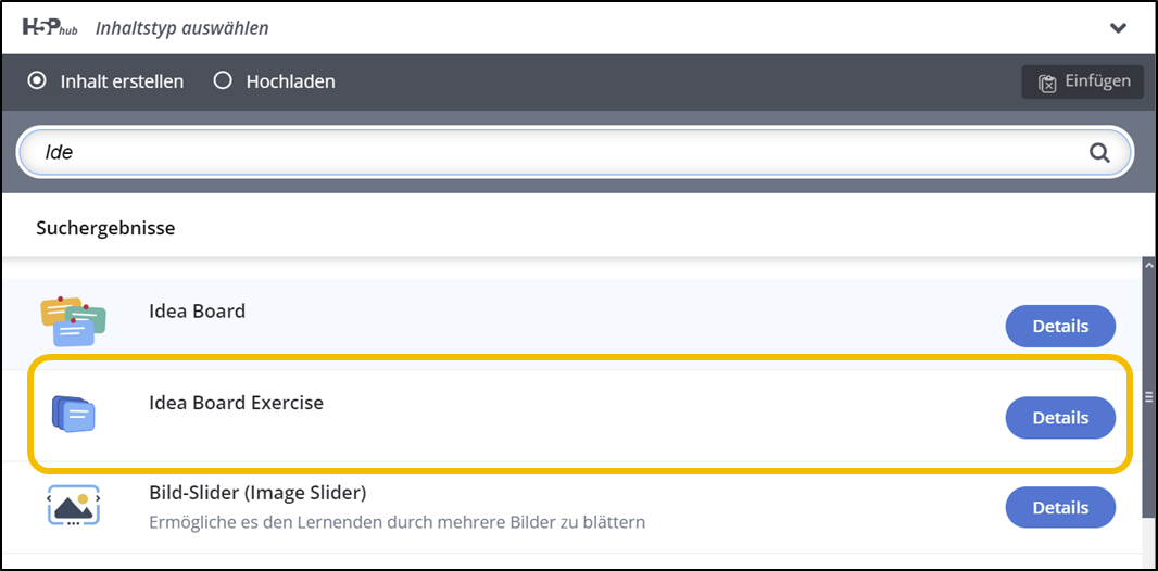 Auswahlmenü der H5P-Inhaltstypen mit der Option Idea Board Exercise.