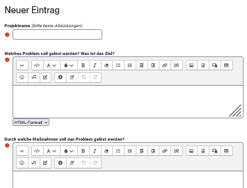 Screenshot des Eingabeformulars. Abgefragt werden u.a. Ausgangsproblem, Maßnahmen zur Lösung, Akteur*innen, SDG-Bezüge, Nachhaltigkeitsprinzipien