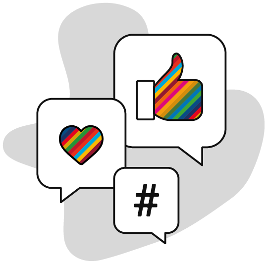 Drei Social Media Sprechblasen mit einem Like-Daumen, einem Like-Herz und einem Hashtag